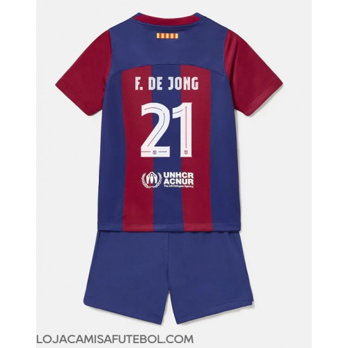 Camisa de Futebol Barcelona Frenkie de Jong #21 Equipamento Principal Infantil 2023-24 Manga Curta (+ Calças curtas)